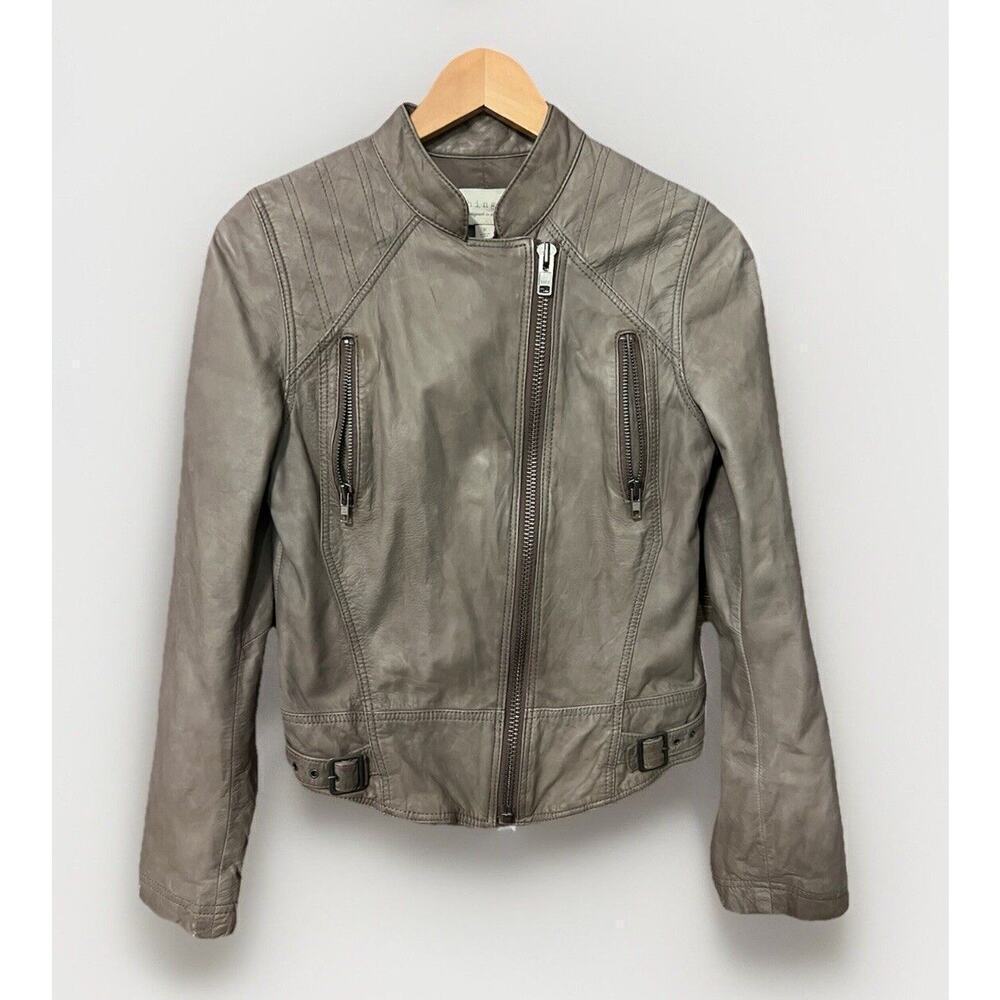 Hinge Gray Leather Full Zip Moto Jacket Small Short Grunge Fitted Biker